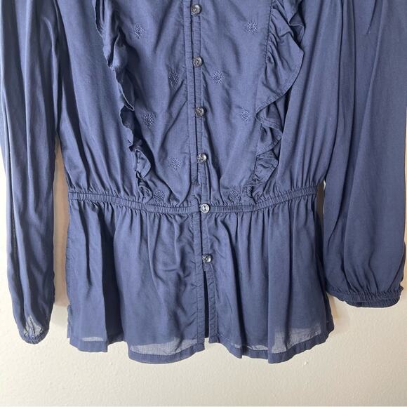 Lucky Brand navy blue button ruffle cottagecore peplum embroidered top XS - Picture 3 of 5